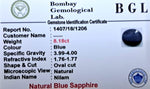 Blue Sapphire Certificate