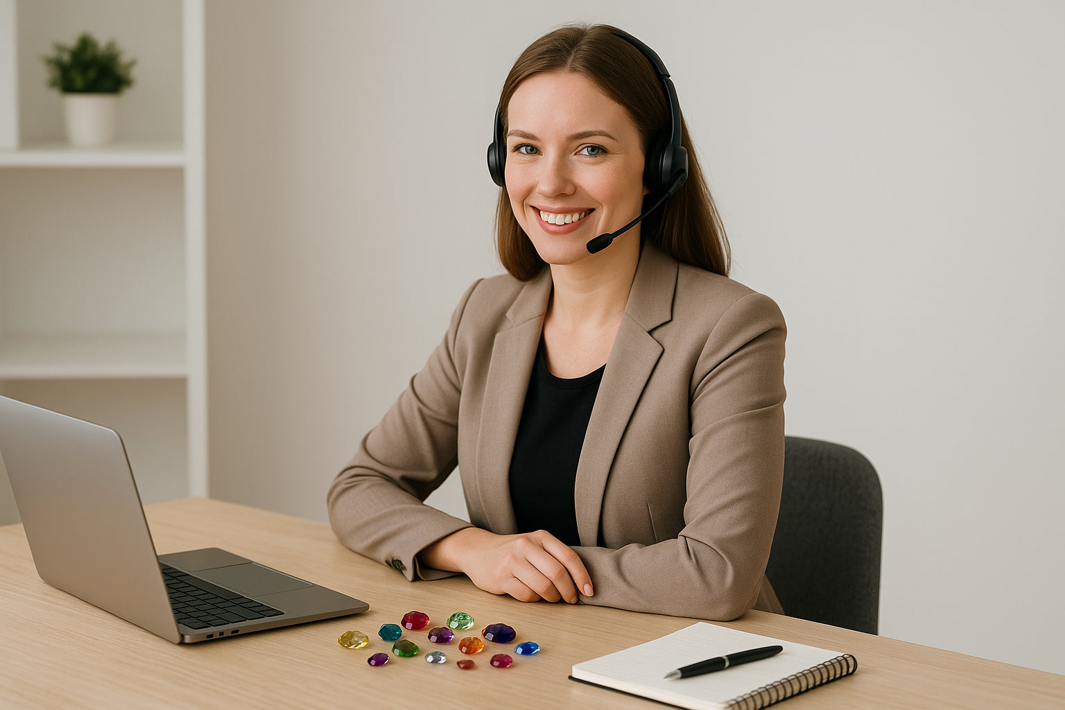 Customer support representative with gemstones and laptop