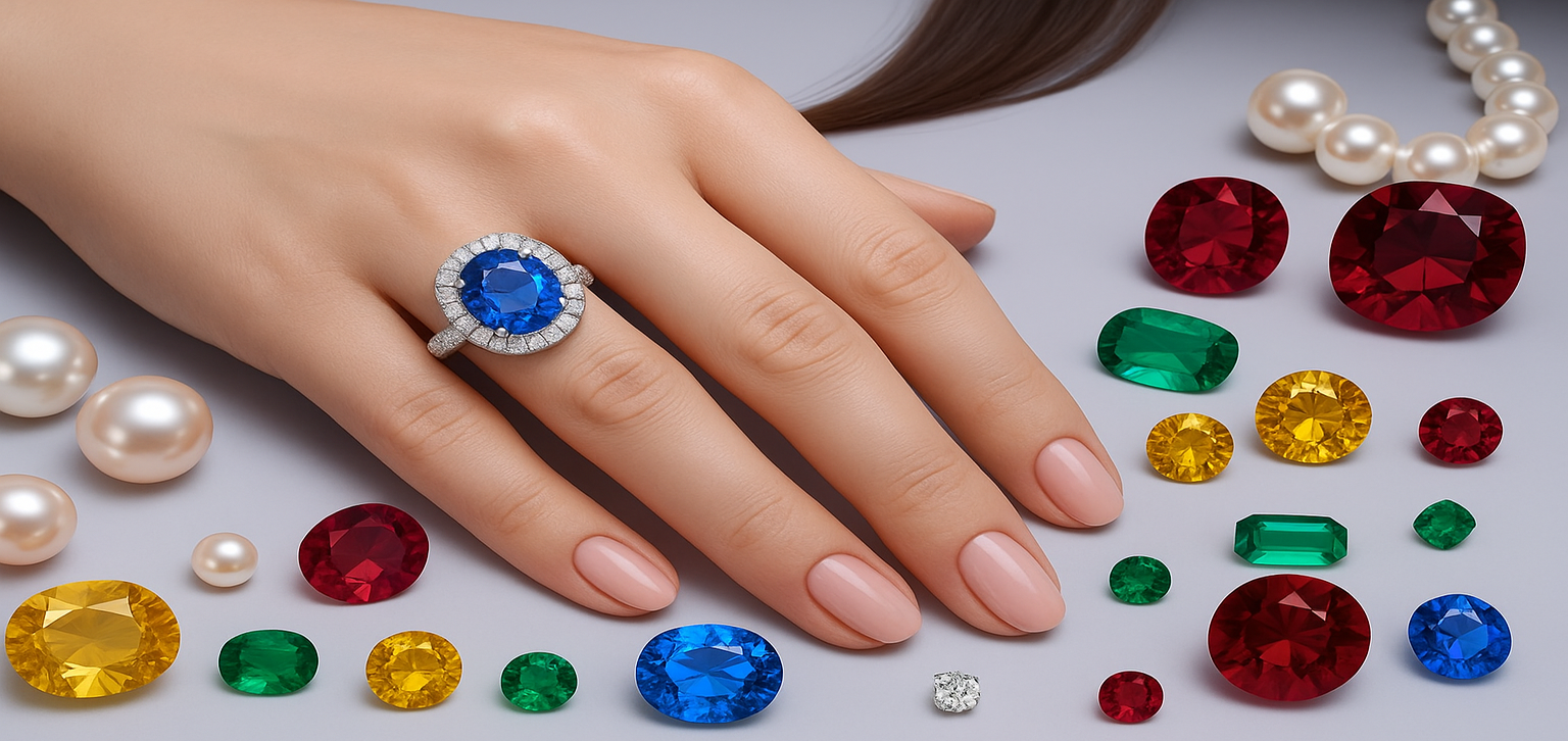 Vedic Gemstones Banner Image Showing loose gemstones 