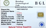 Yellow Sapphire Certificate 