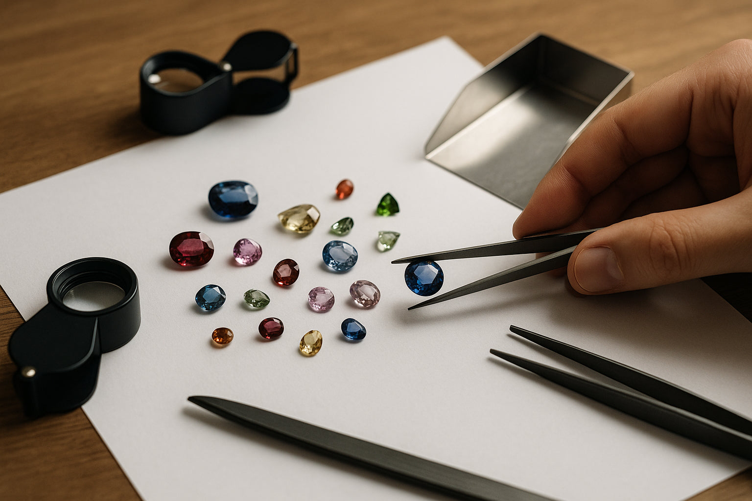 Gemstone testing workspace with tools