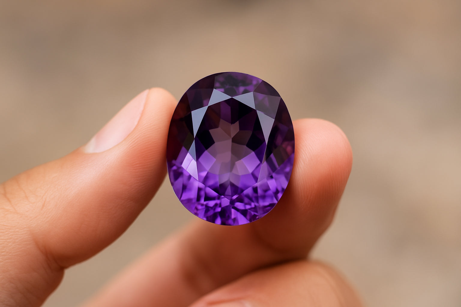 Hand holding a faceted amethyst gemstone